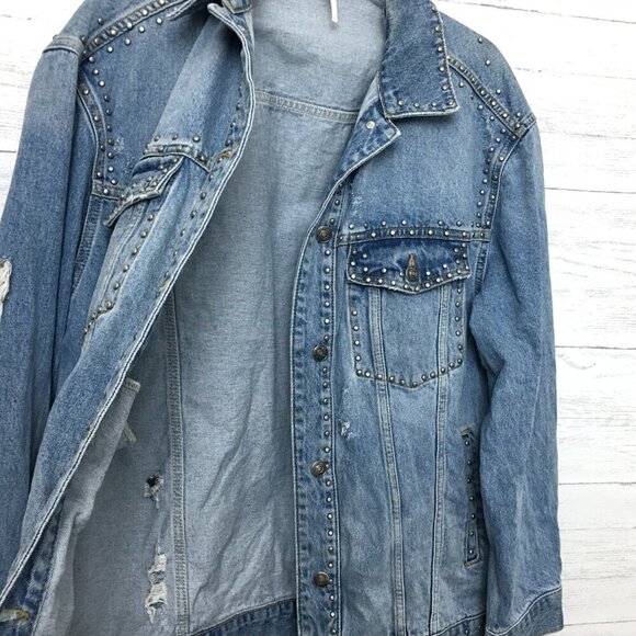 Free People Women's Denim Jean Jacket Studded Oversized Trucker Distressed M - Picture 5 of 12
